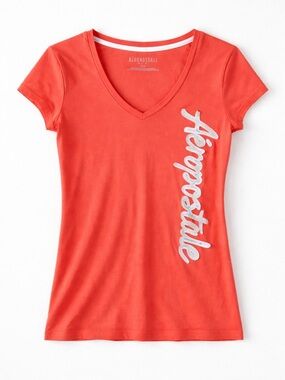 Aeropostale Coral V-Neck T-Shirt Woman Medium Side Logo Graphic Tee Casual Y2K
